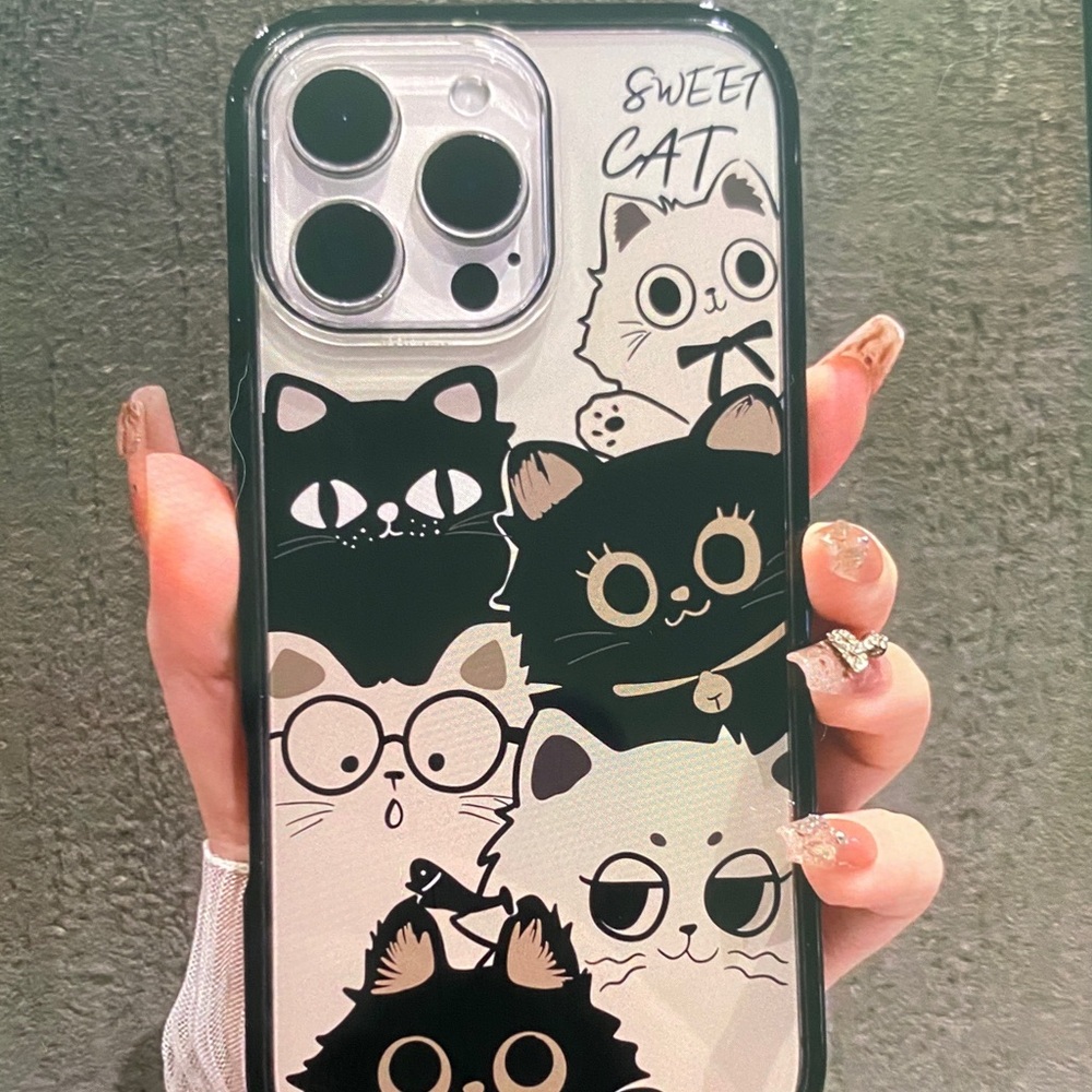 Cute Black & Cream Cat Illustration Clear Phone Case